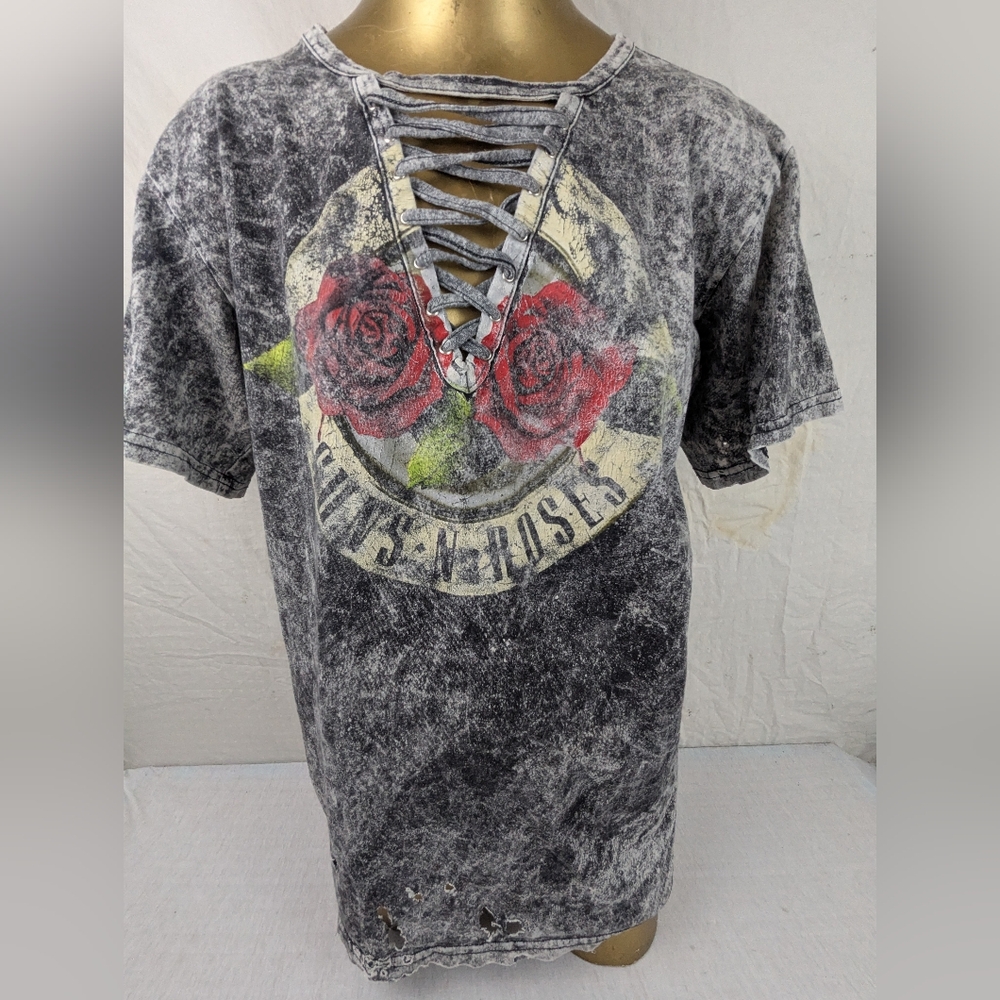 Guns N Roses  Grey & White Acid Wash Lace Up Vneck Short Sleeve Blouse Medium